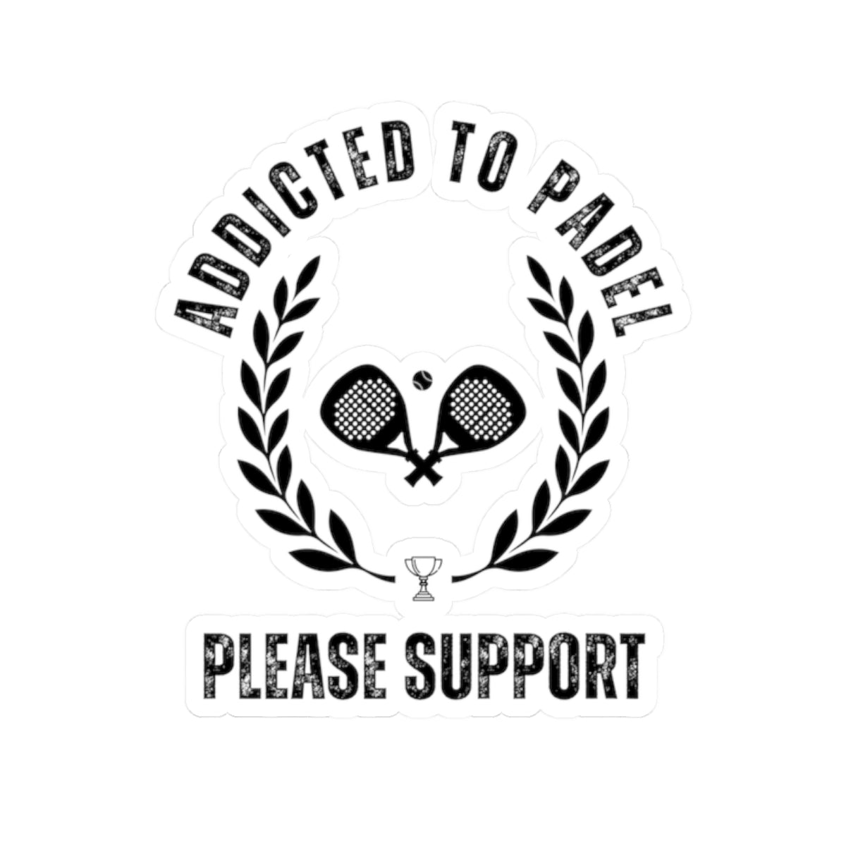 Logo with text 'Addicted to Padel Please Support' featuring two racquets and a laurel wreath on a white background.