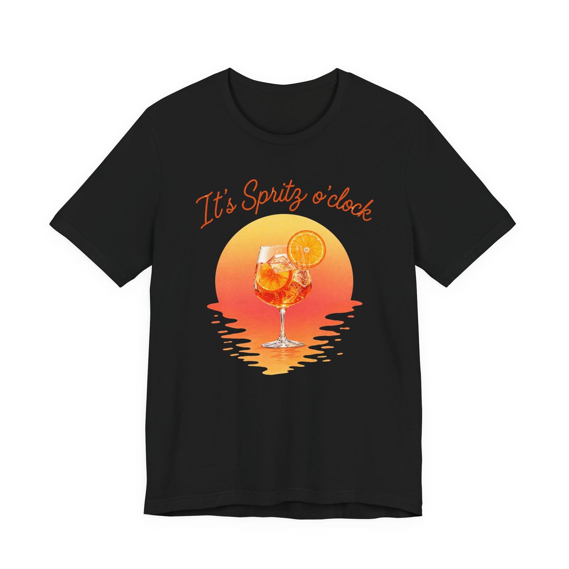 Aperol T-Shirt Black t-shirt with a graphic of a cocktail glass and sunset, text 'It's Spritz o'clock' on a white background.