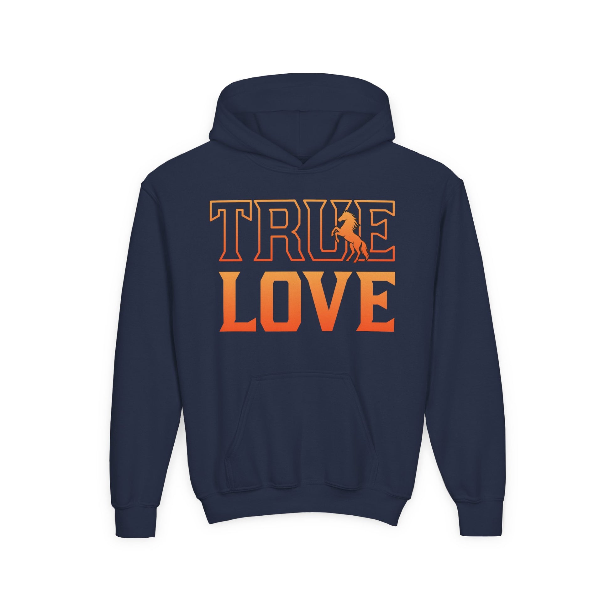Navy blue hoodie with 'TRUE LOVE' text in orange on a white background