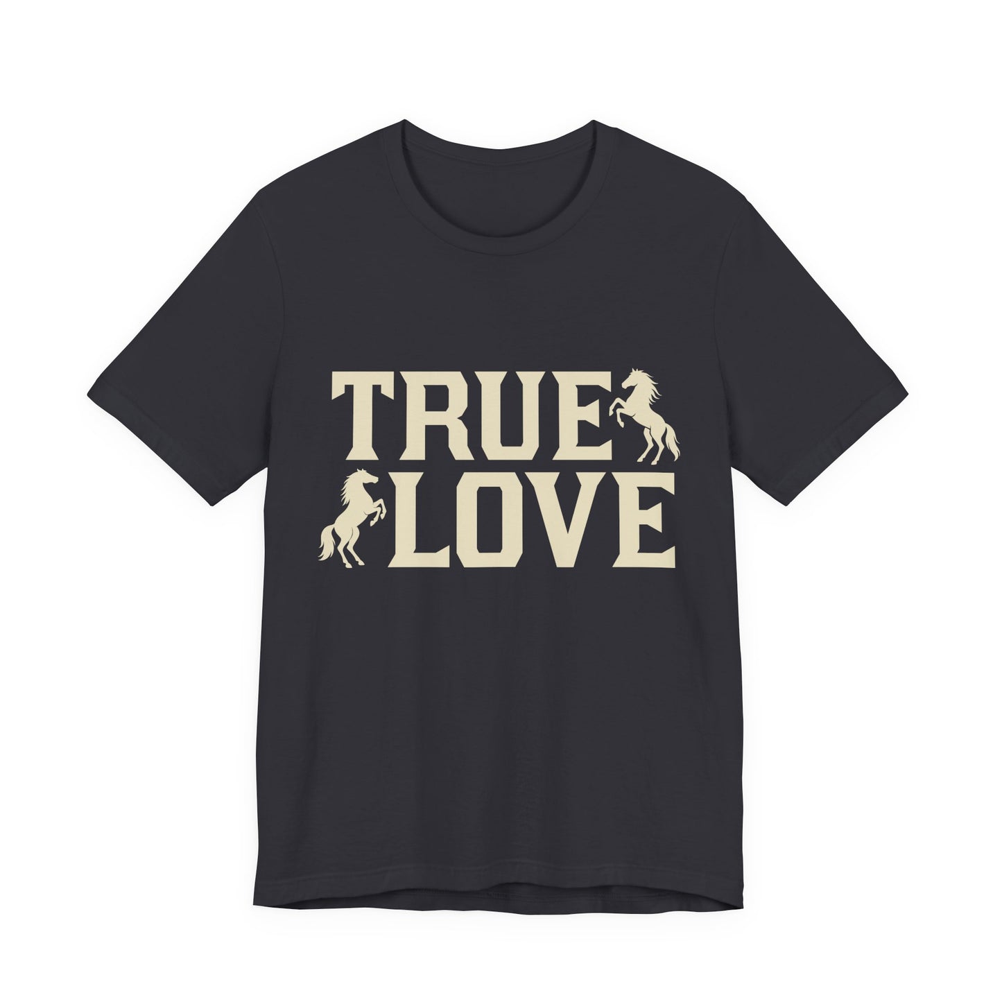 Black t-shirt with 'True Love' text and horse graphics on a white background