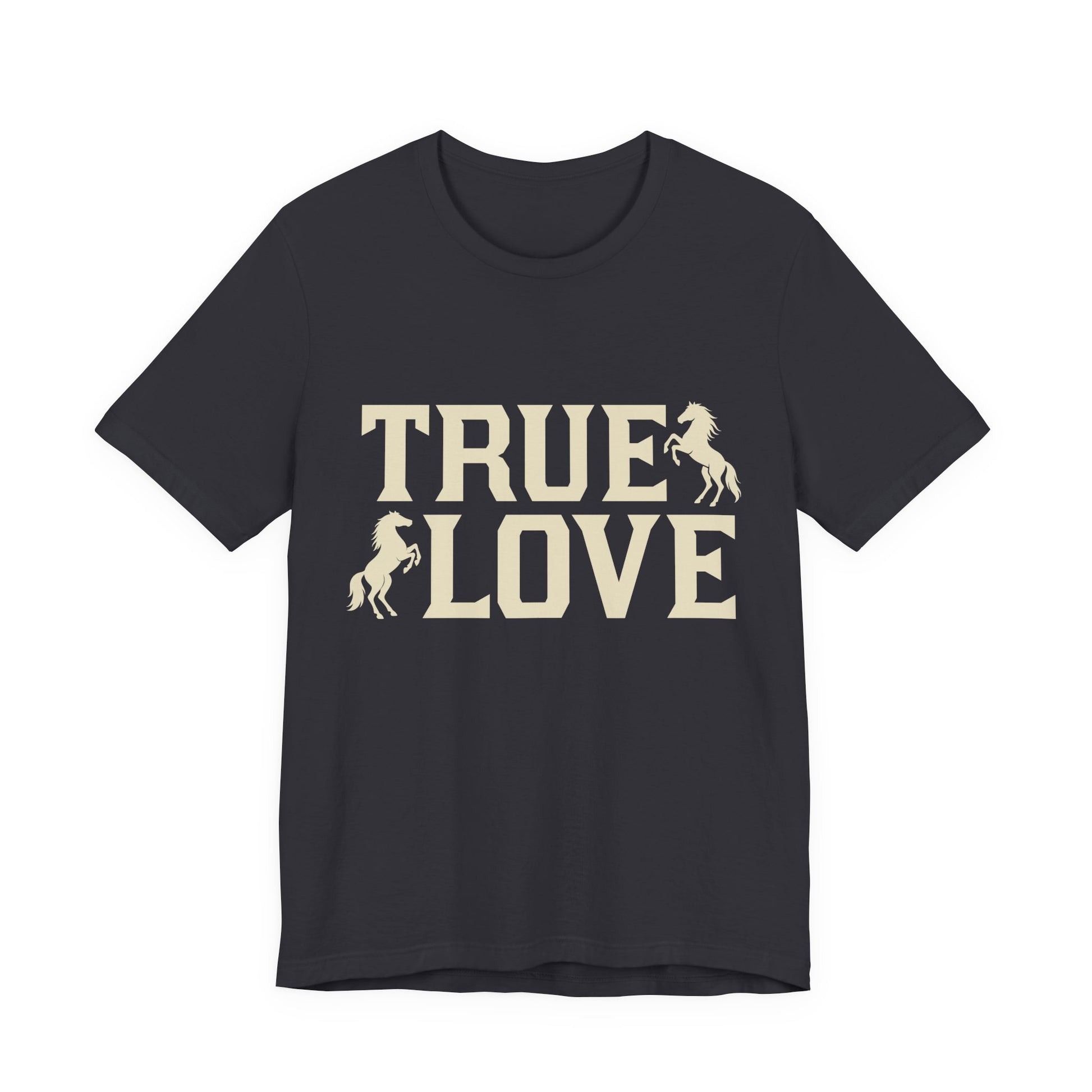 Black t-shirt with 'True Love' text and horse graphics on a white background