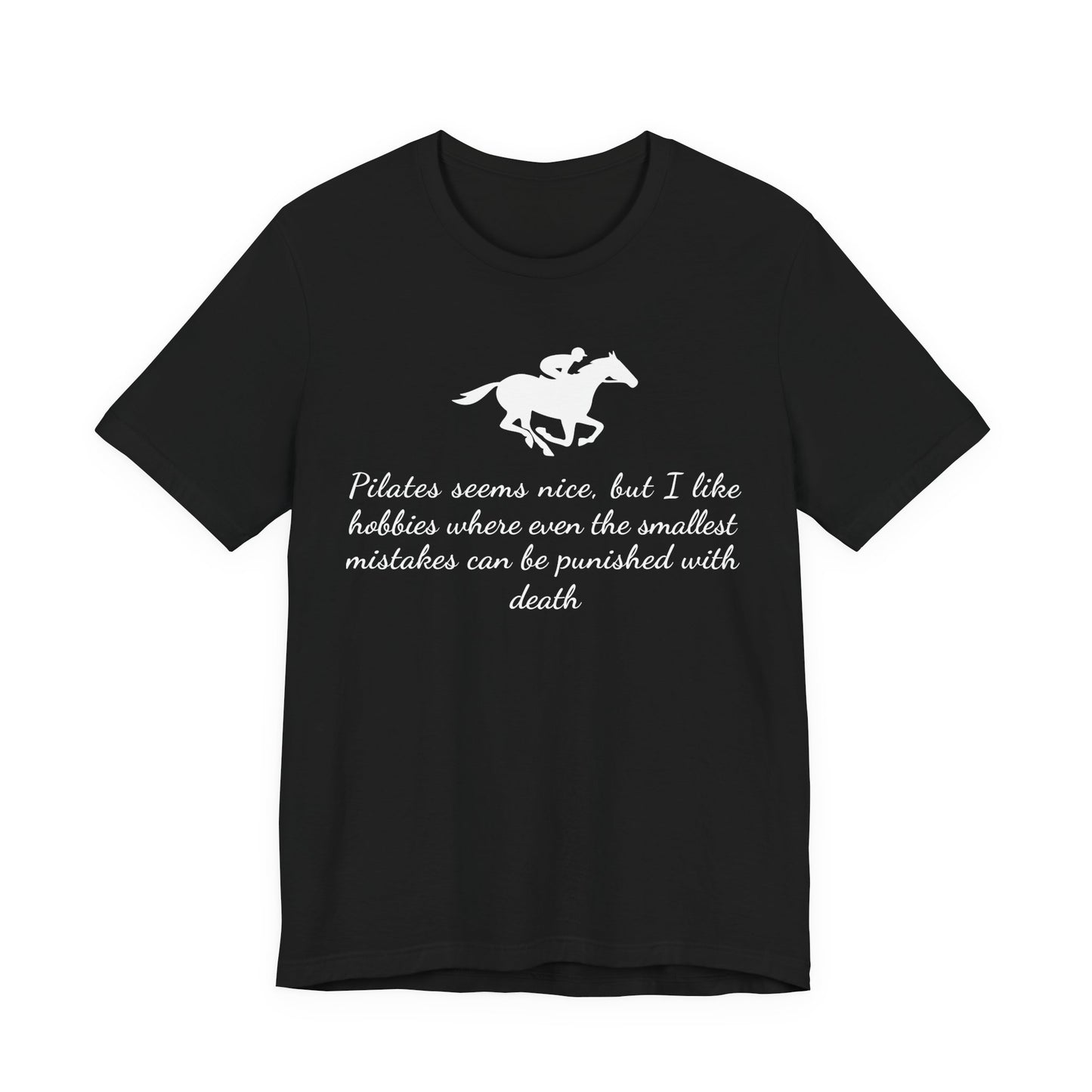 Black t-shirt with white horse graphic and text on a white background