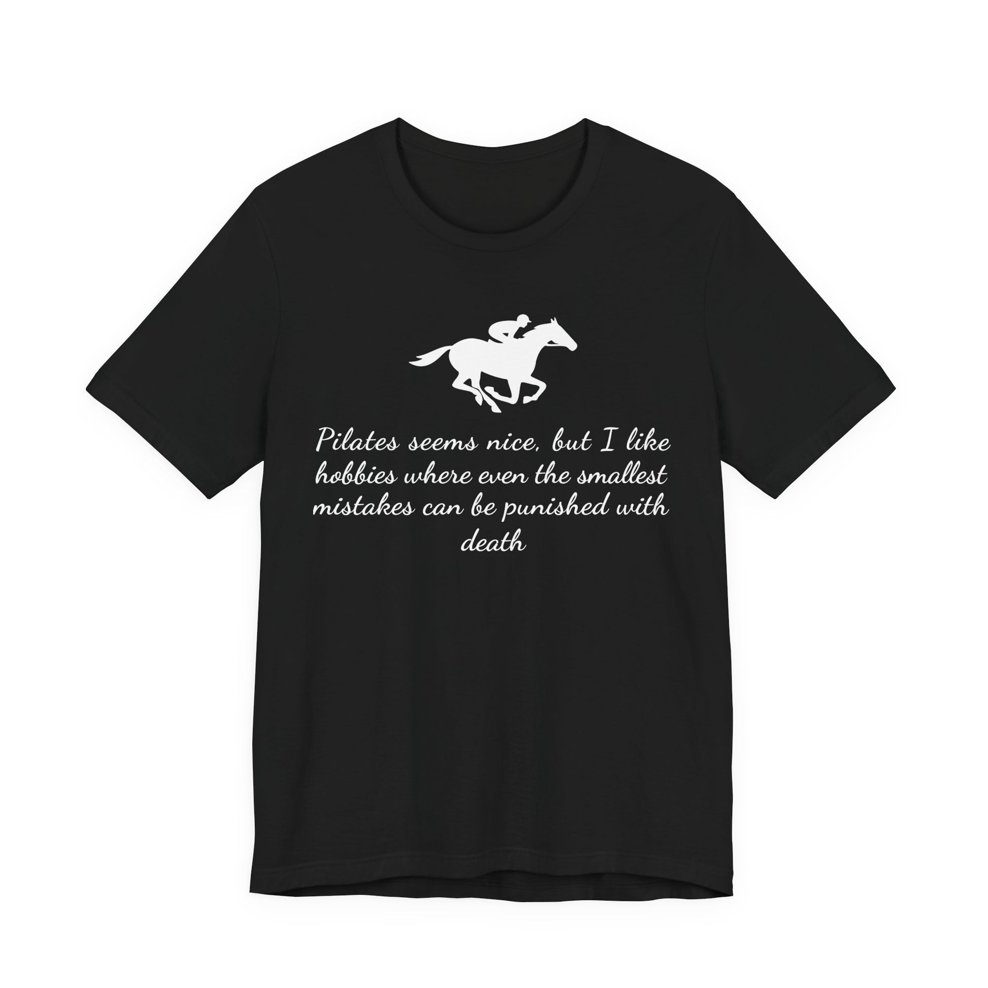 Black t-shirt with white horse graphic and text on a white background
