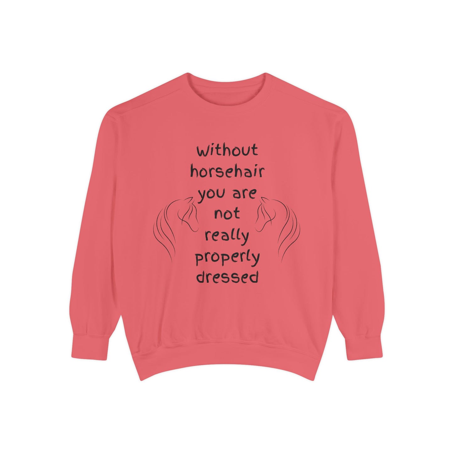Coral sweatshirt with text and horse illustrations on a white background