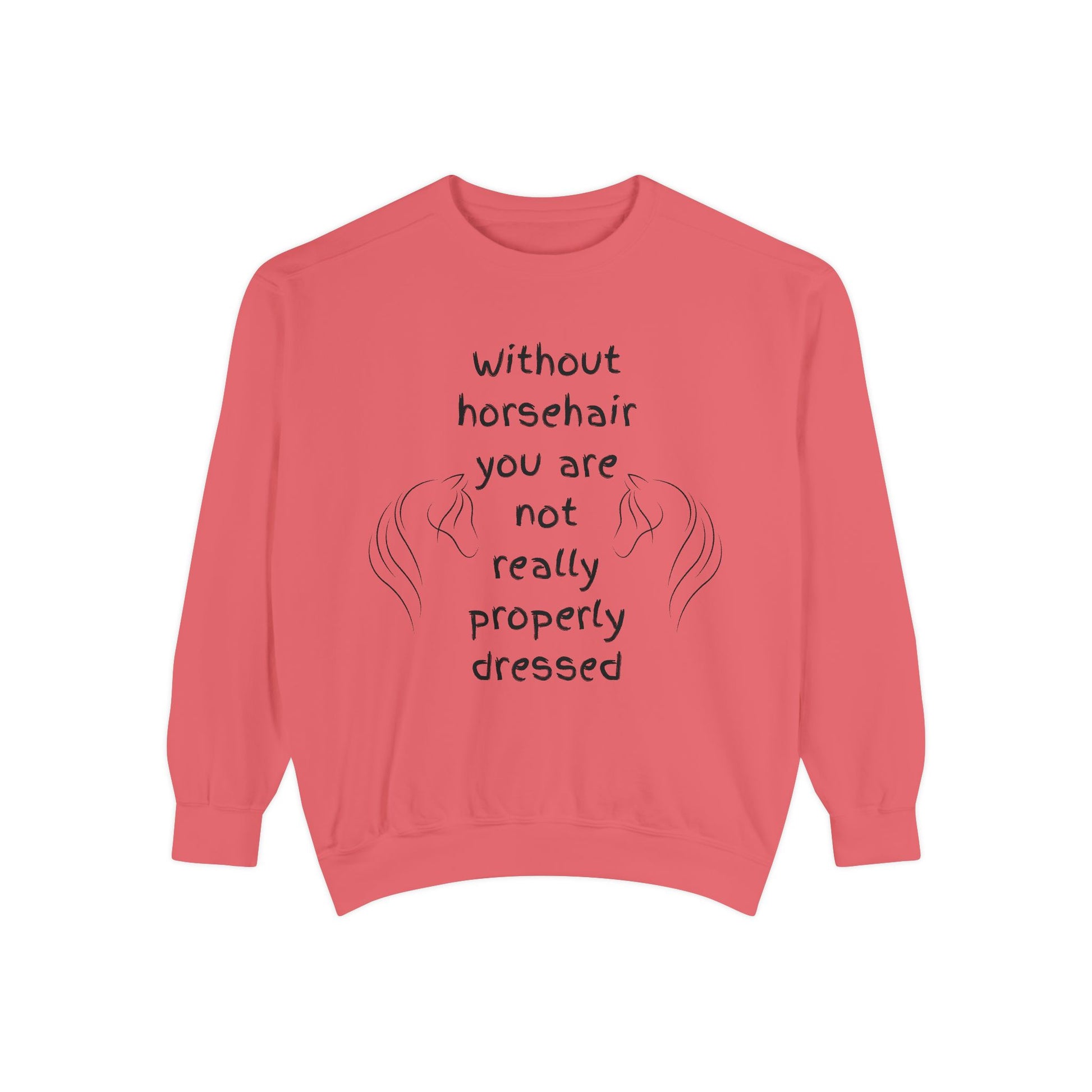 Coral sweatshirt with text and horse illustrations on a white background