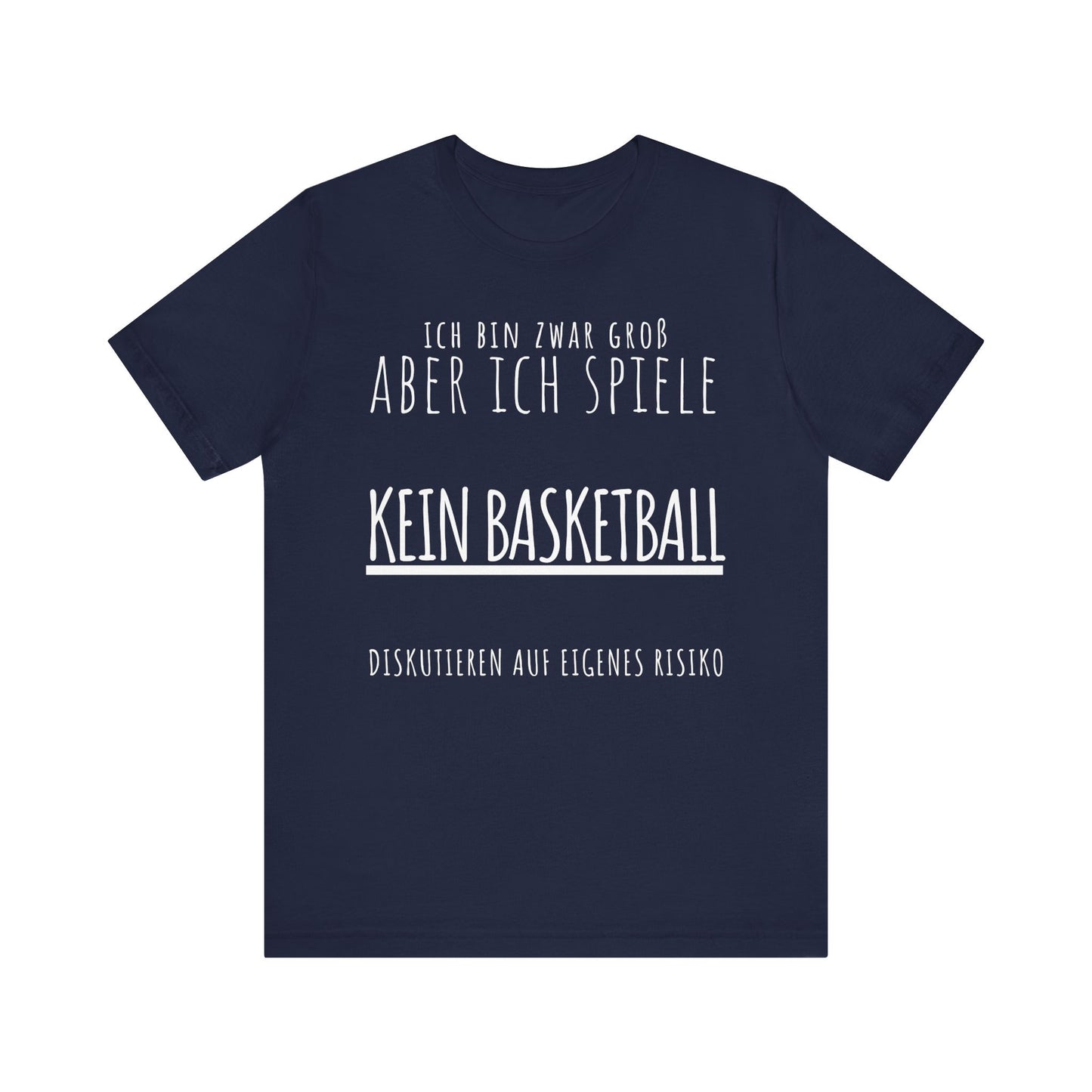 Navy blue t-shirt with white text on a white background