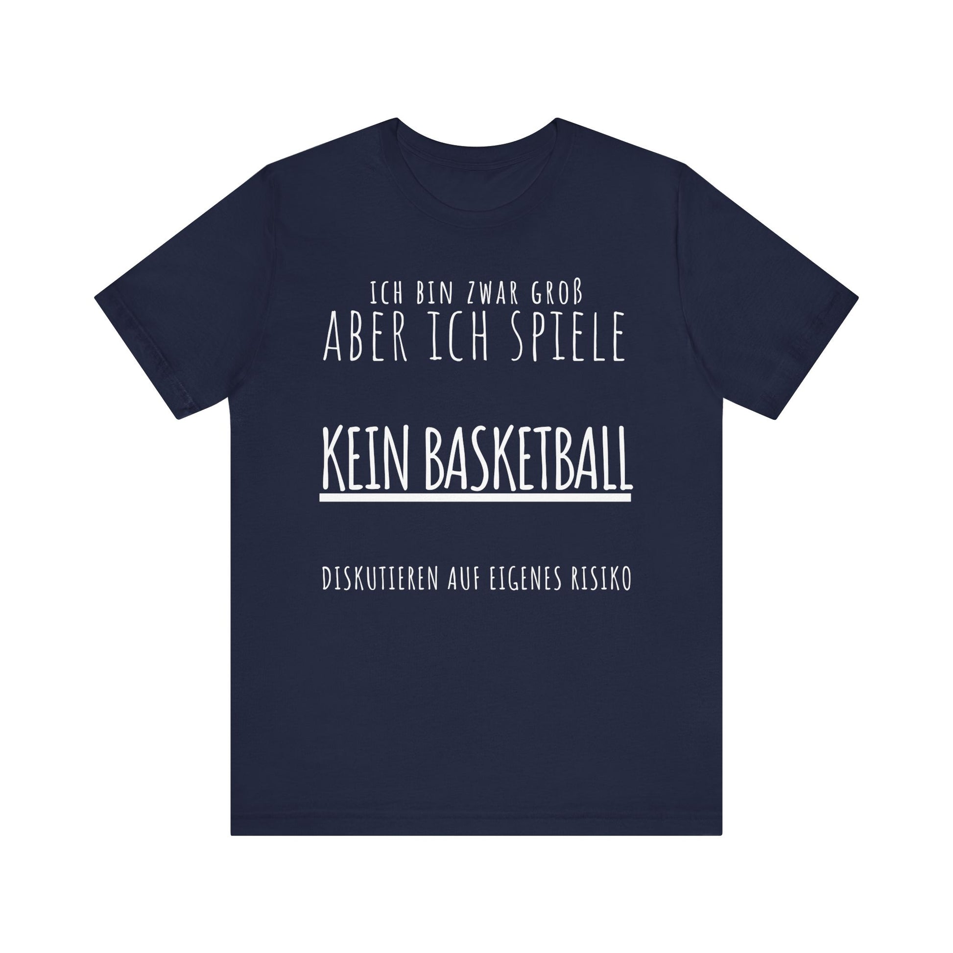 Navy blue t-shirt with white text on a white background