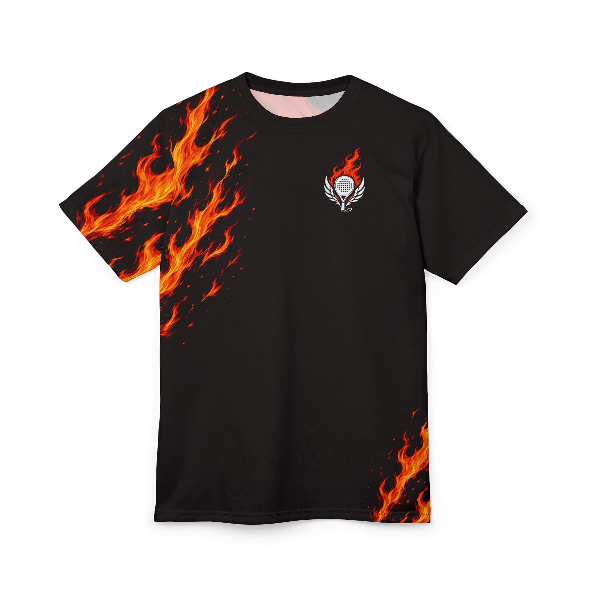 Performance Padel Shirt Black t-shirt with flame design on sleeves and a small logo on chest against a white background