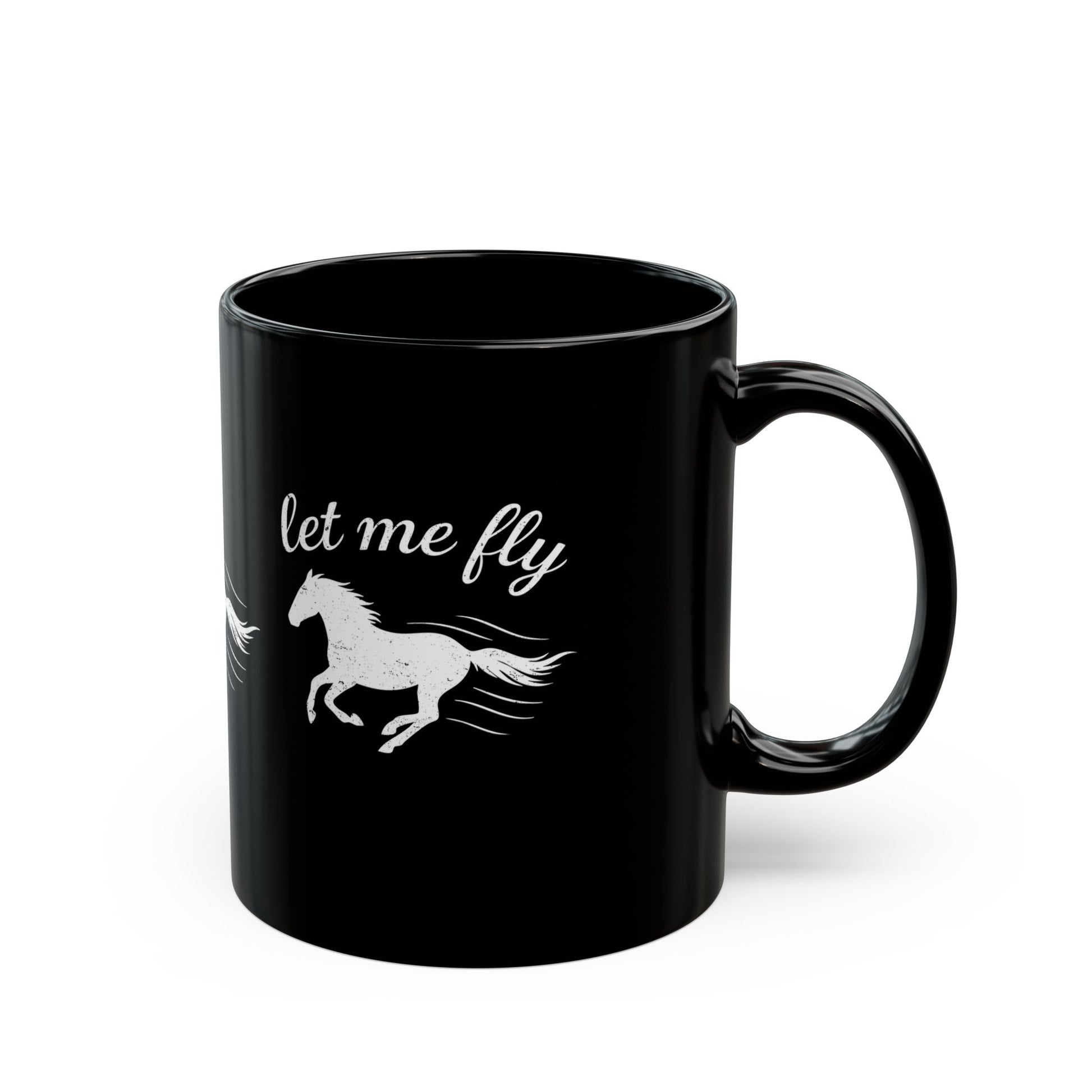 Black mug with white horse graphic and 'let me fly' text on a white background
