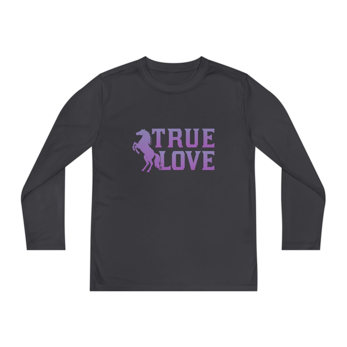 Black long-sleeve shirt with 'True Love' and horse graphic in purple on a white background
