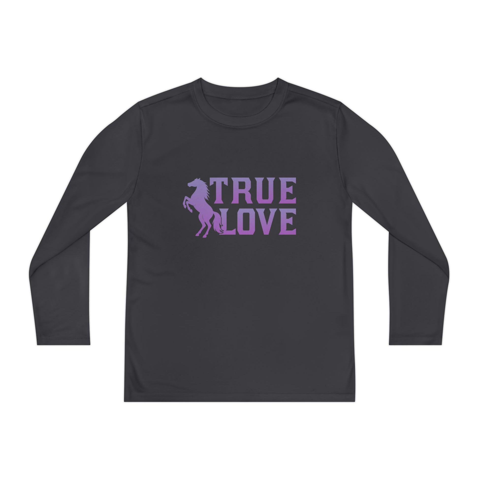 Black long-sleeve shirt with 'True Love' and horse graphic in purple on a white background