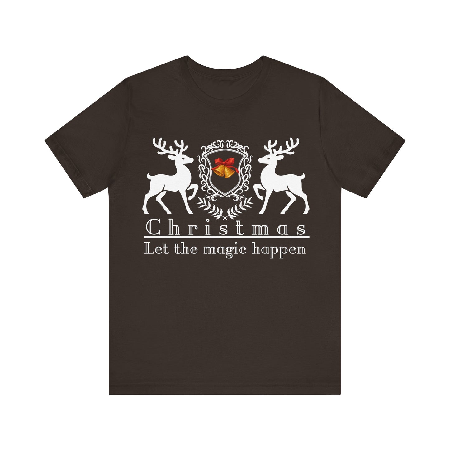 Brown t-shirt with Christmas design featuring deer and text on a white background