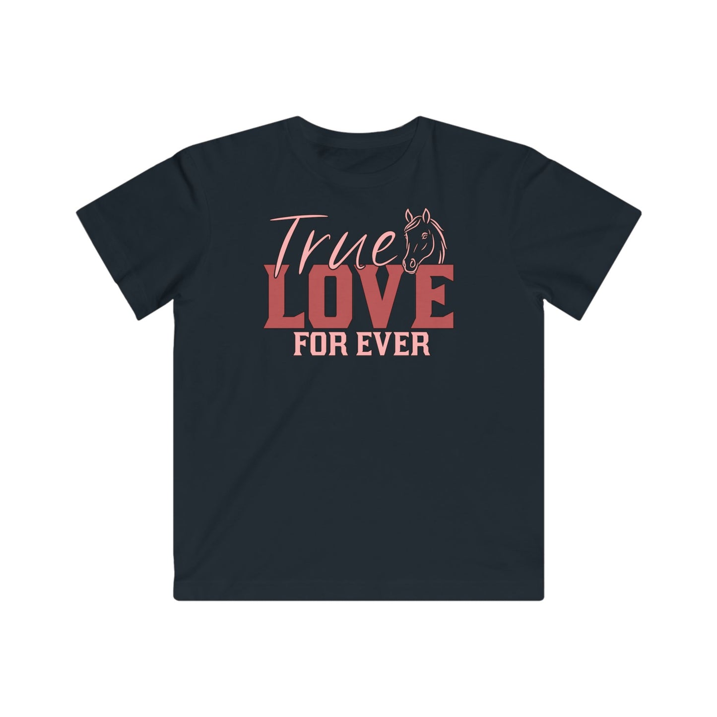 Black t-shirt with 'True Love For Ever' text and horse graphic on a white background