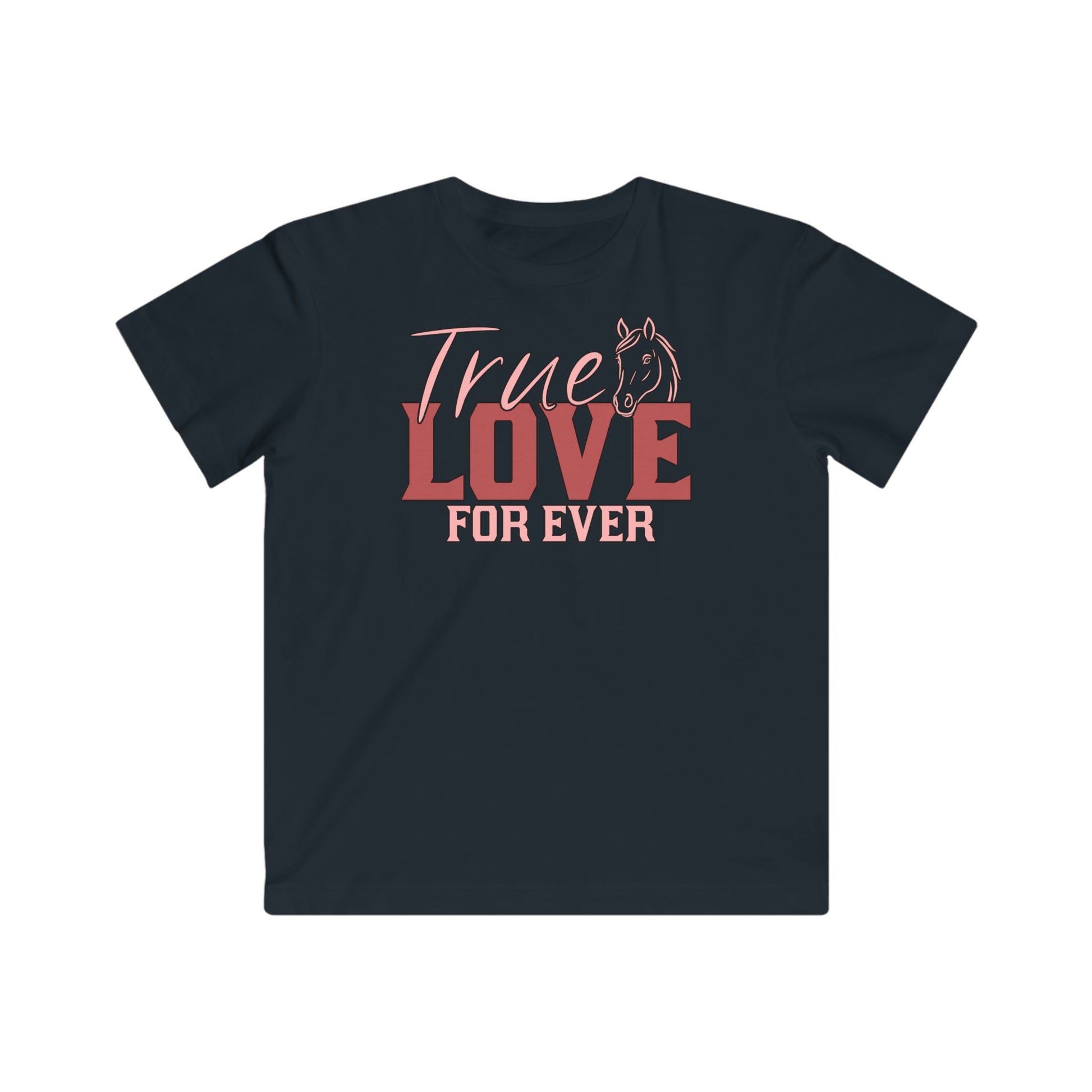 Black t-shirt with 'True Love For Ever' text and horse graphic on a white background