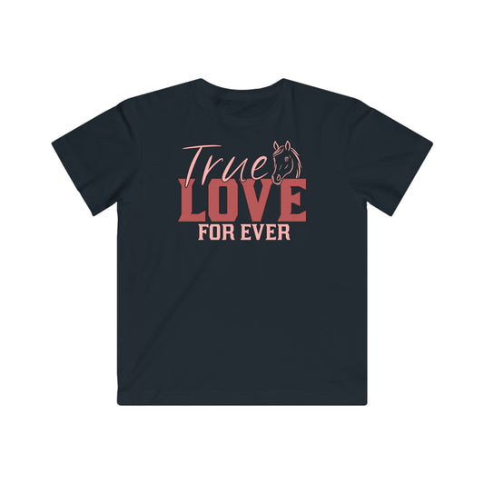 Black t-shirt with 'True Love For Ever' text and horse graphic on a white background