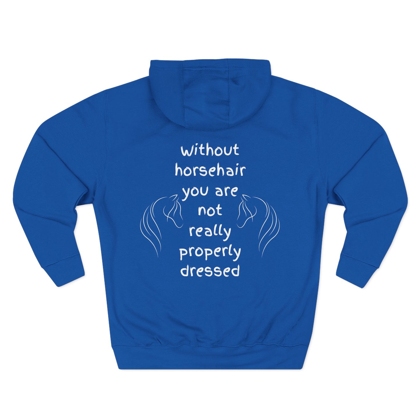 Blue hoodie with text and horse illustrations on a white background