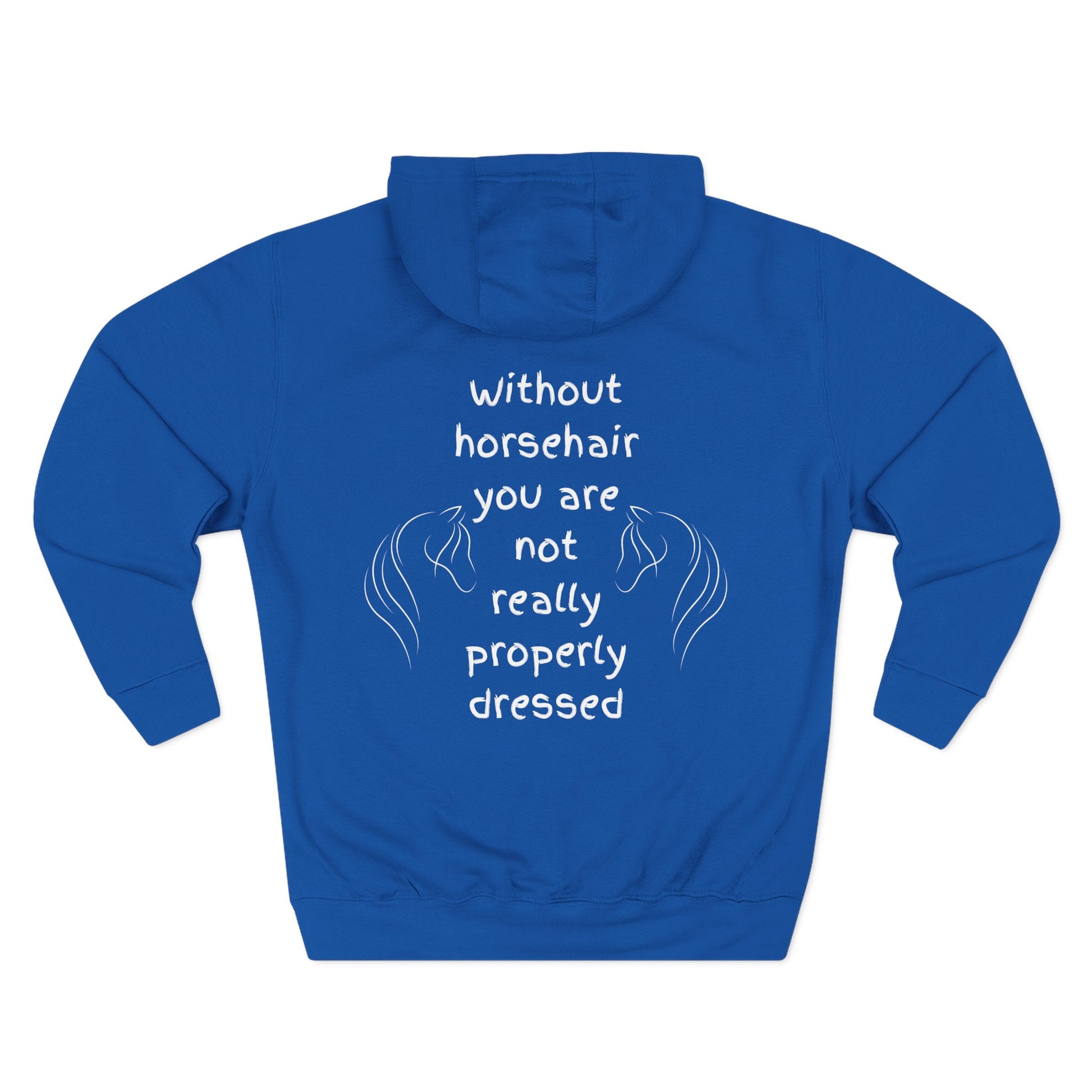 Blue hoodie with text and horse illustrations on a white background