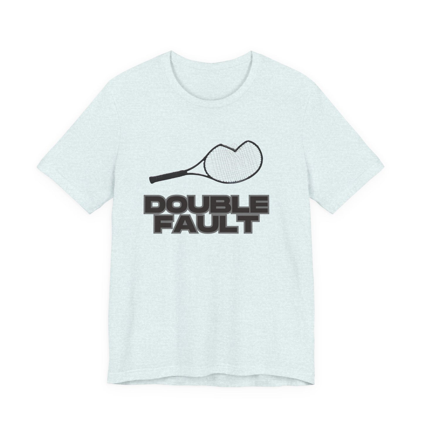 Light blue t-shirt with 'Double Fault' graphic and tennis racket on a white background