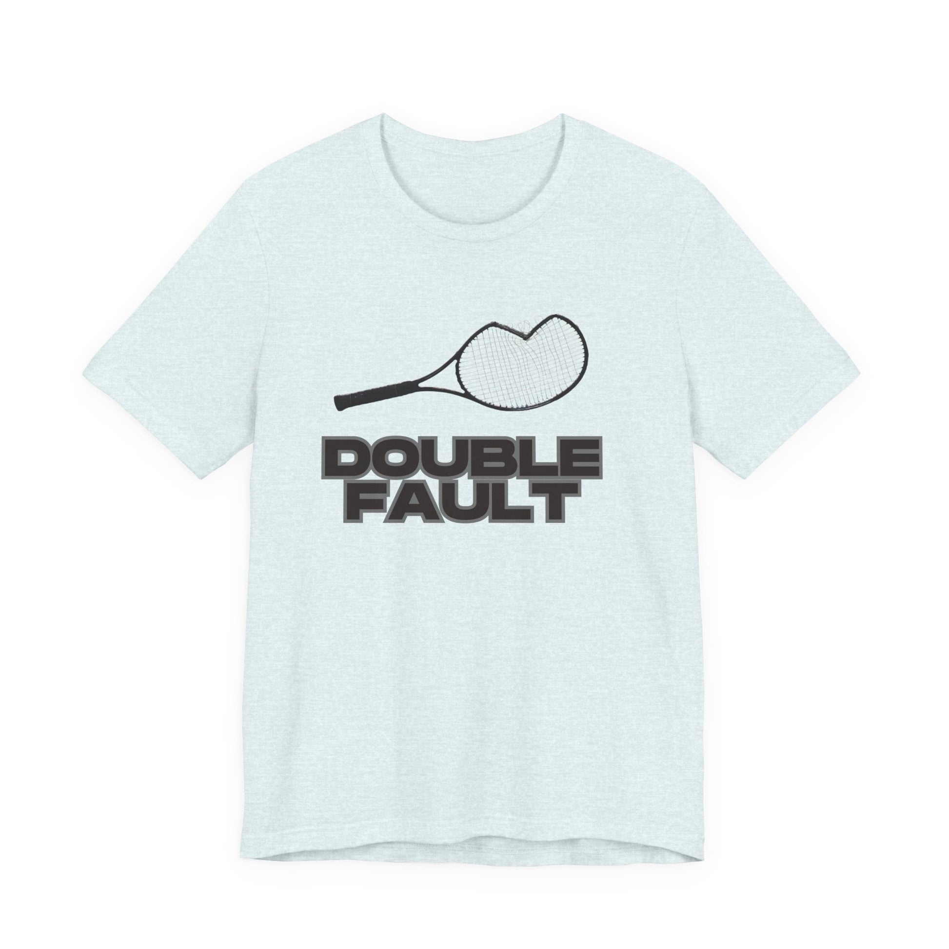 Light blue t-shirt with 'Double Fault' graphic and tennis racket on a white background