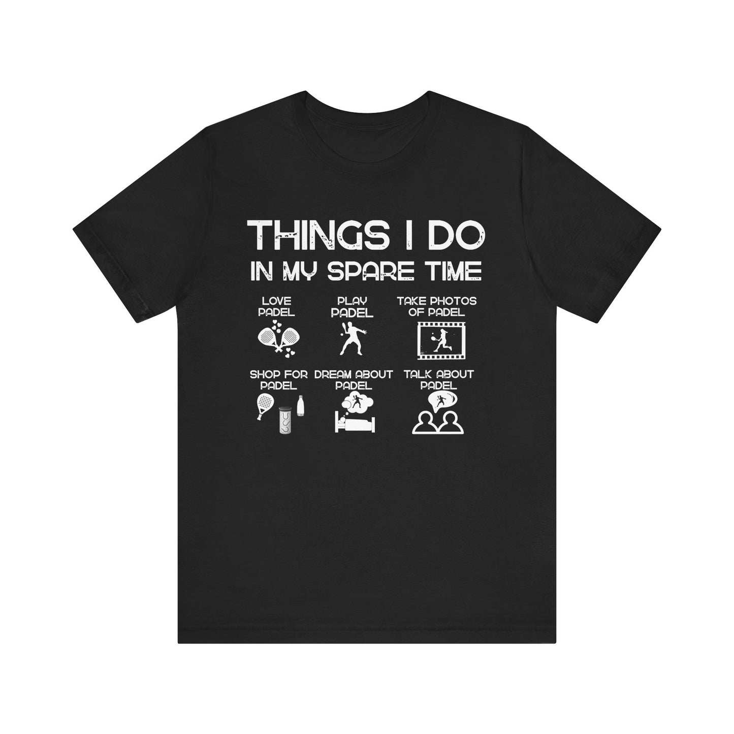 Black t-shirt with white text and icons on a white background