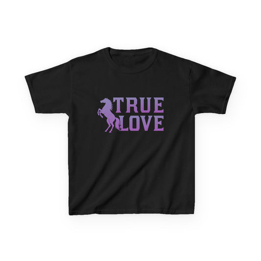 Black t-shirt with 'True Love' and horse graphic in purple on a white background