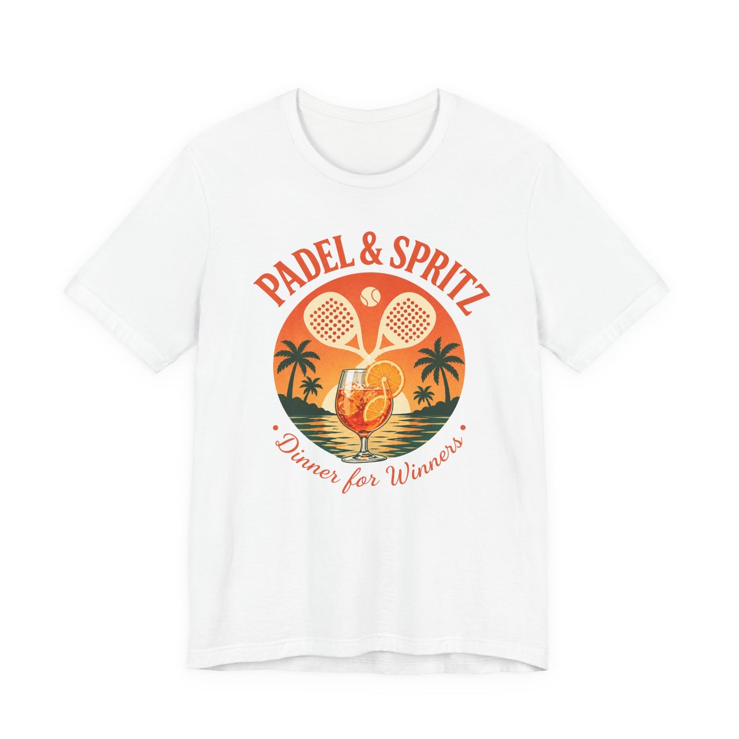 Padel Aperol T-Shirt White t-shirt with 'Padel & Spritz' graphic design featuring a cocktail and tennis rackets on a white background.