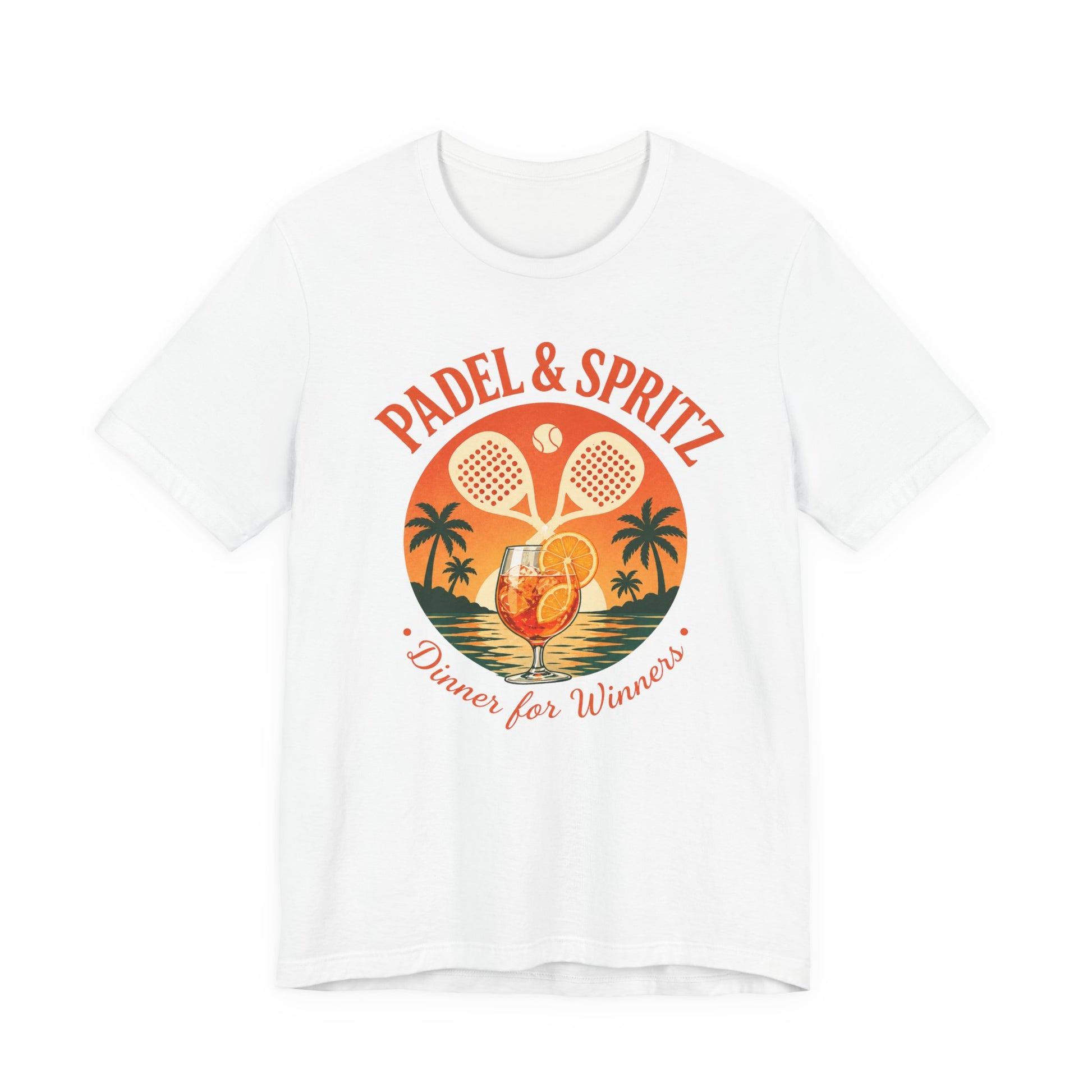 Padel Aperol T-Shirt White t-shirt with 'Padel & Spritz' graphic design featuring a cocktail and tennis rackets on a white background.