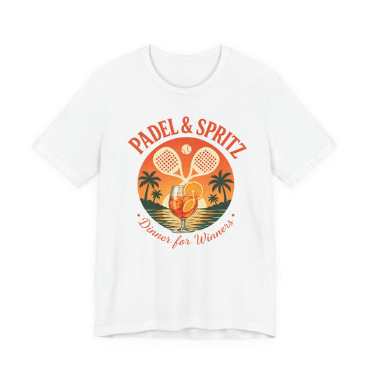Padel Aperol T-Shirt White t-shirt with 'Padel & Spritz' graphic design featuring a cocktail and tennis rackets on a white background.