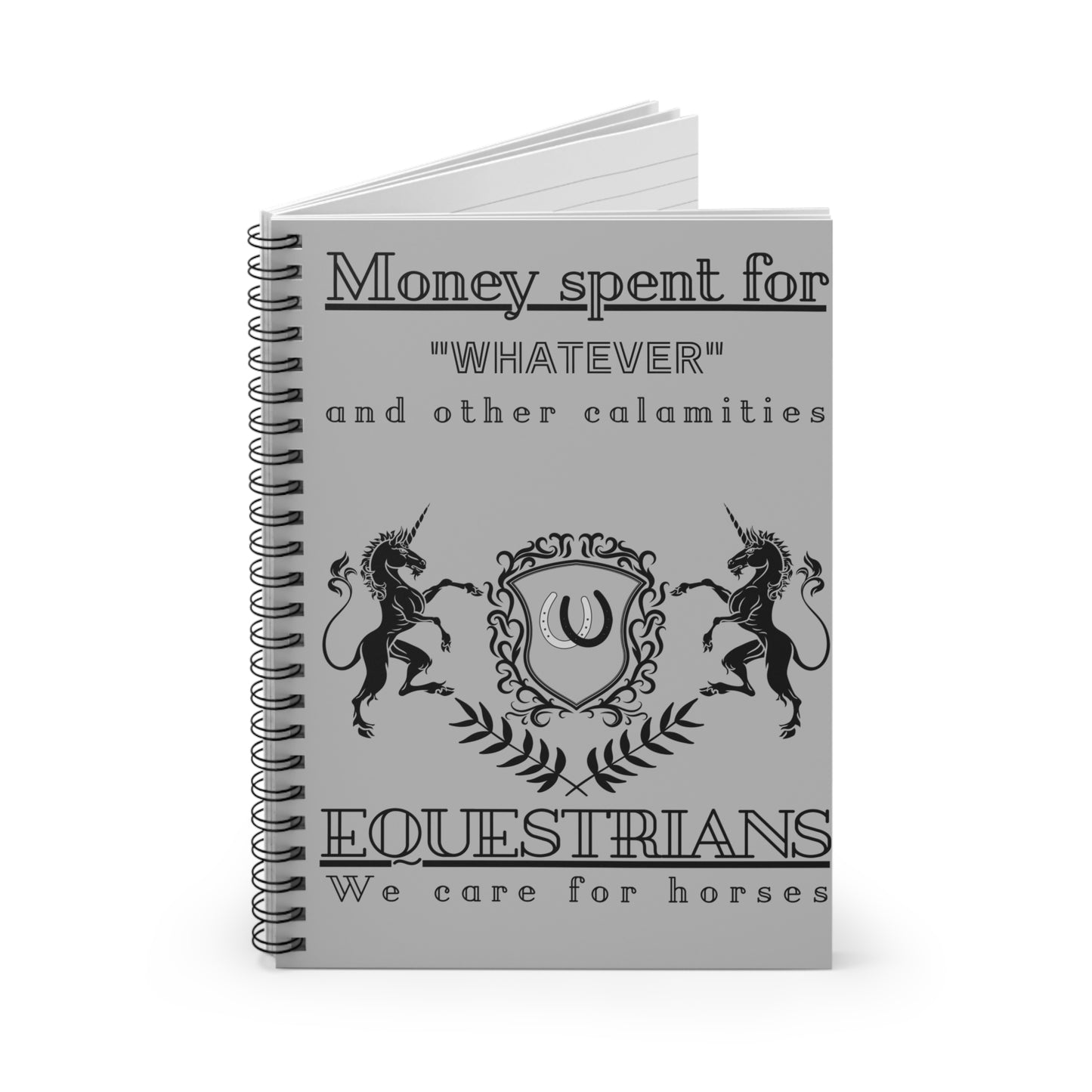 Notebook with equestrian design and text on a white background