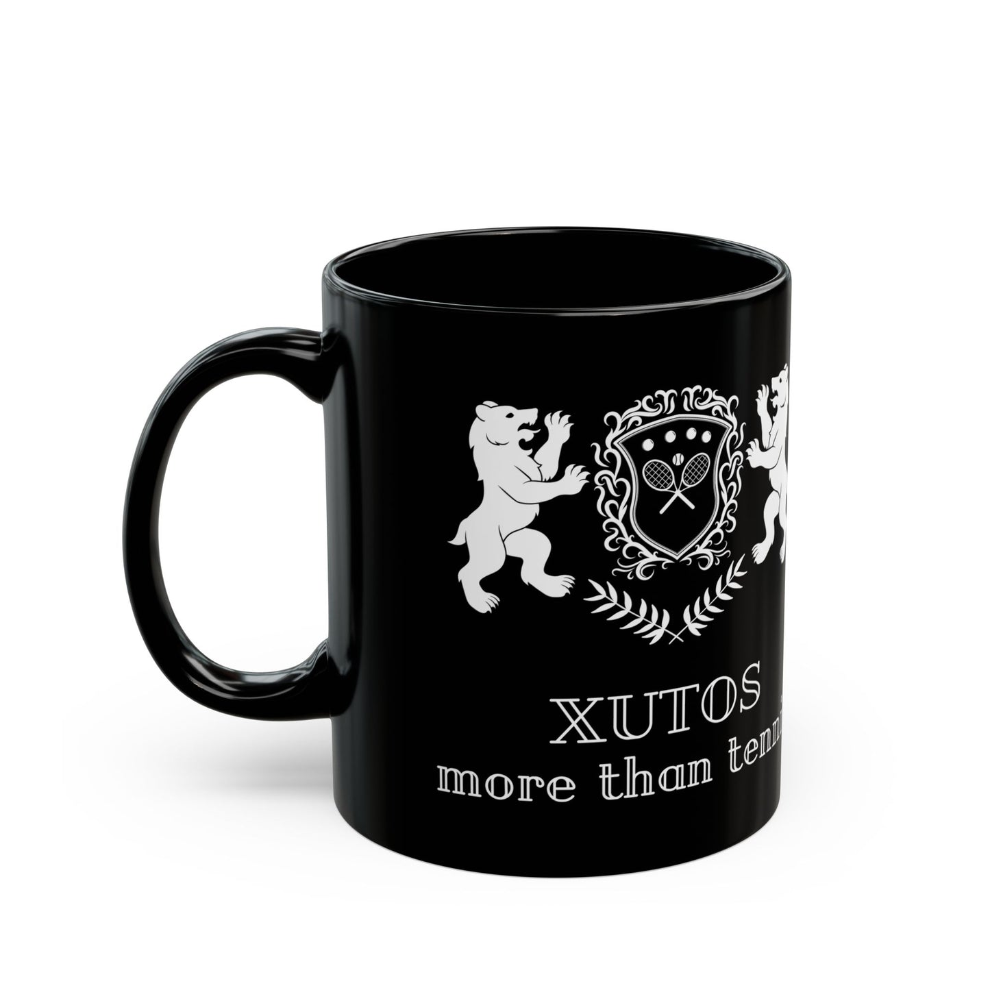 Black XUTOS mug with white design and text on a white background