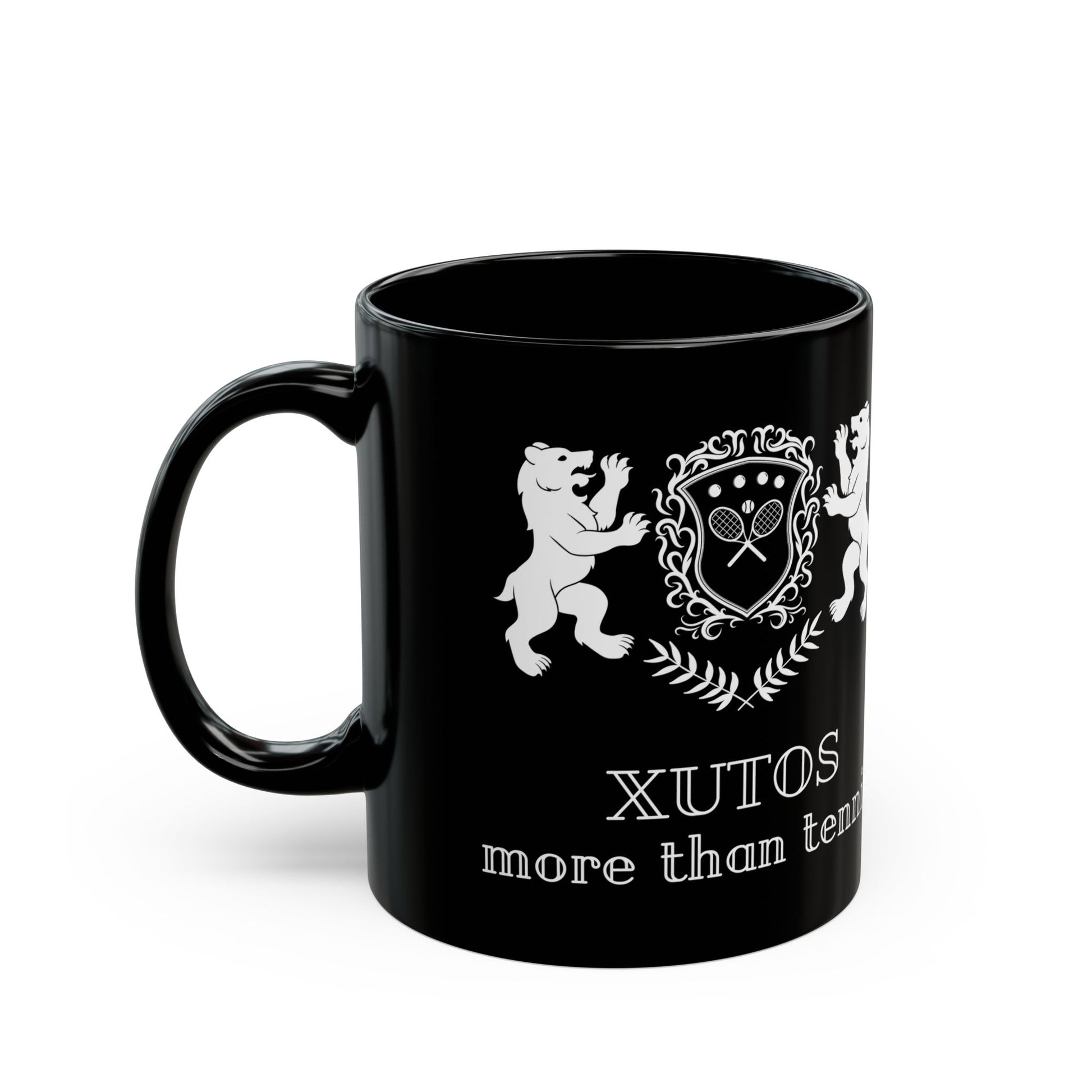 Black XUTOS mug with white design and text on a white background