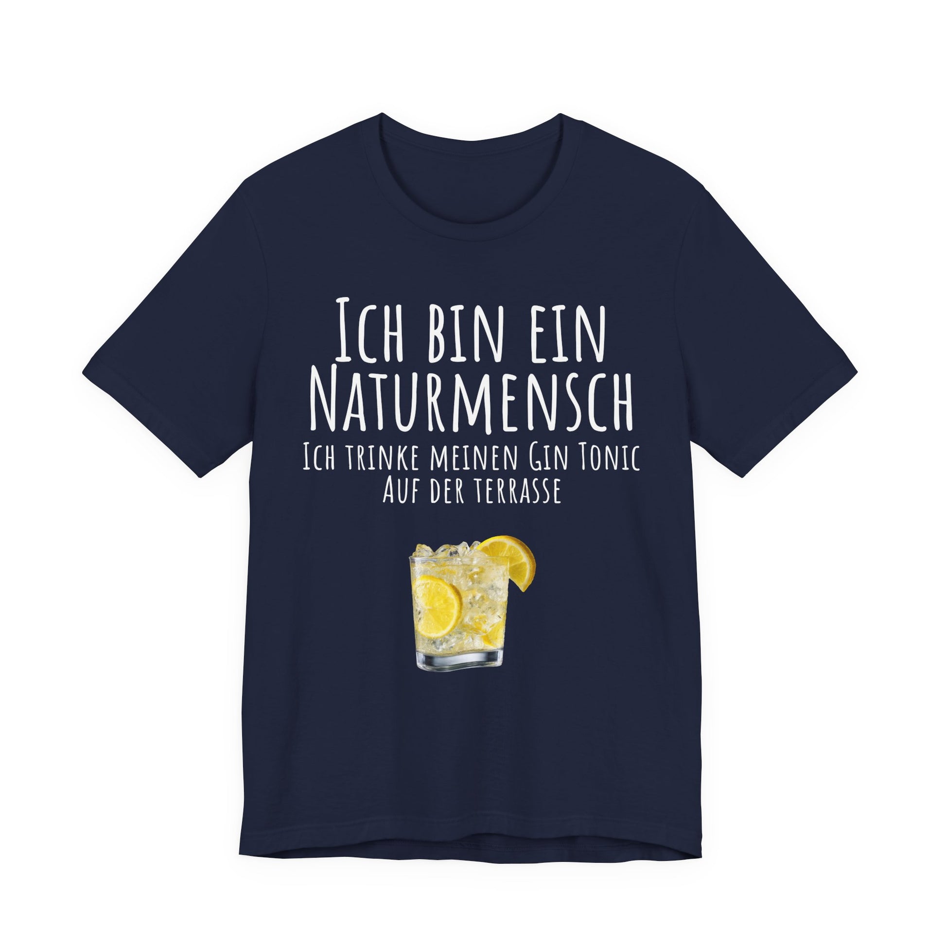 Navy blue t-shirt with a drink graphic and German text on a white background