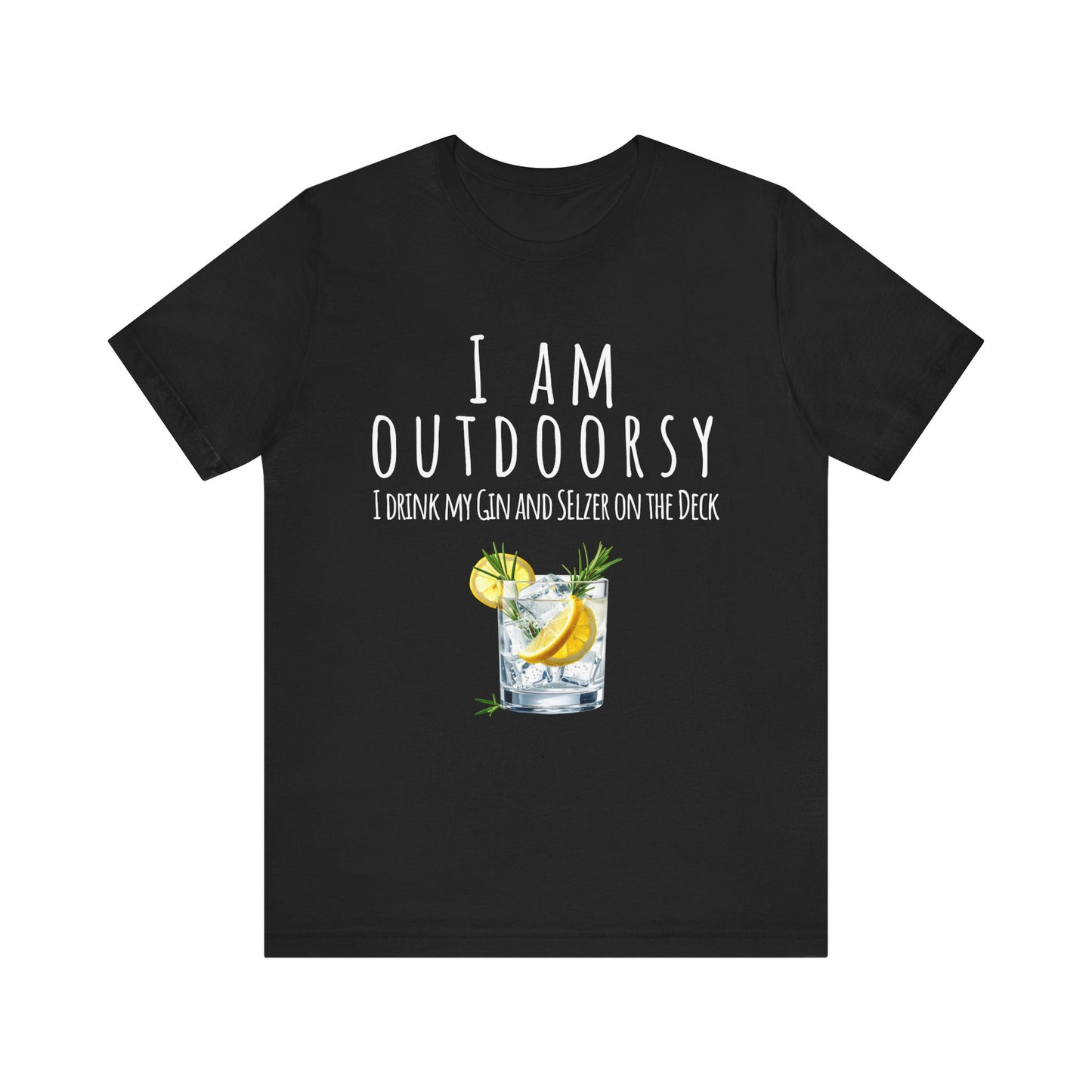 Black t-shirt with a drink graphic and text on a white background