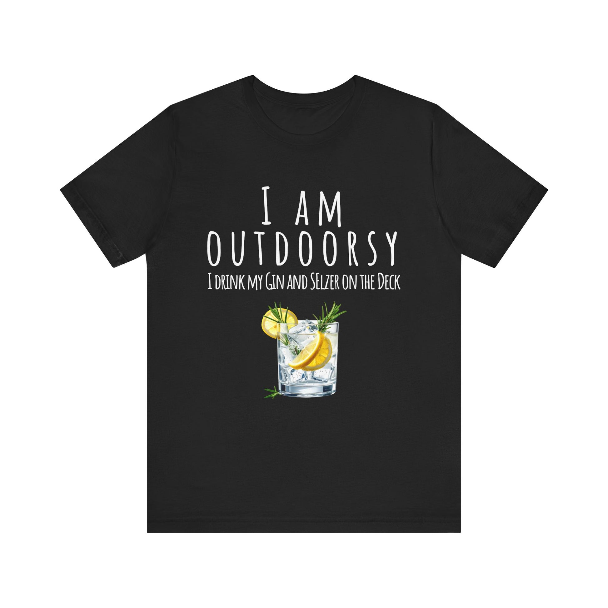 Black t-shirt with a drink graphic and text on a white background