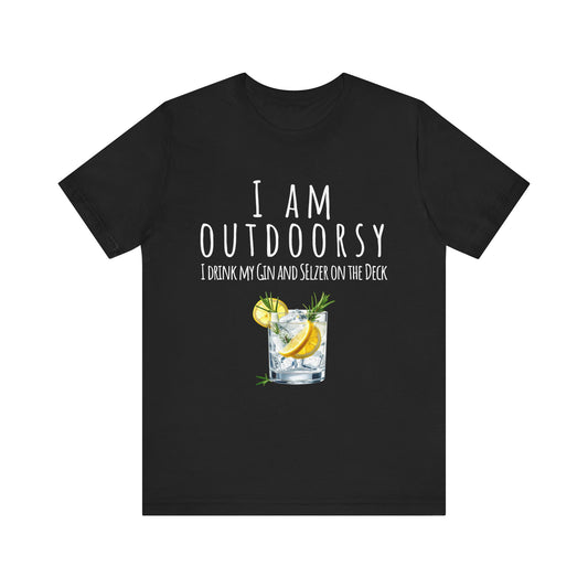 Black t-shirt with a drink graphic and text on a white background