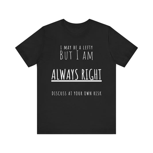 Black t-shirt with white text on a white background