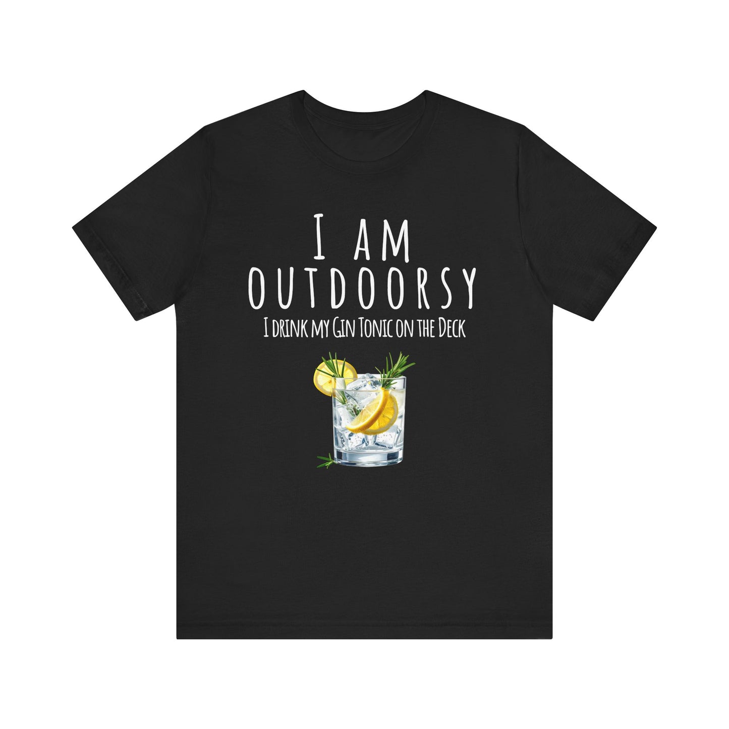 Black t-shirt with a graphic of a gin tonic and text on a white background