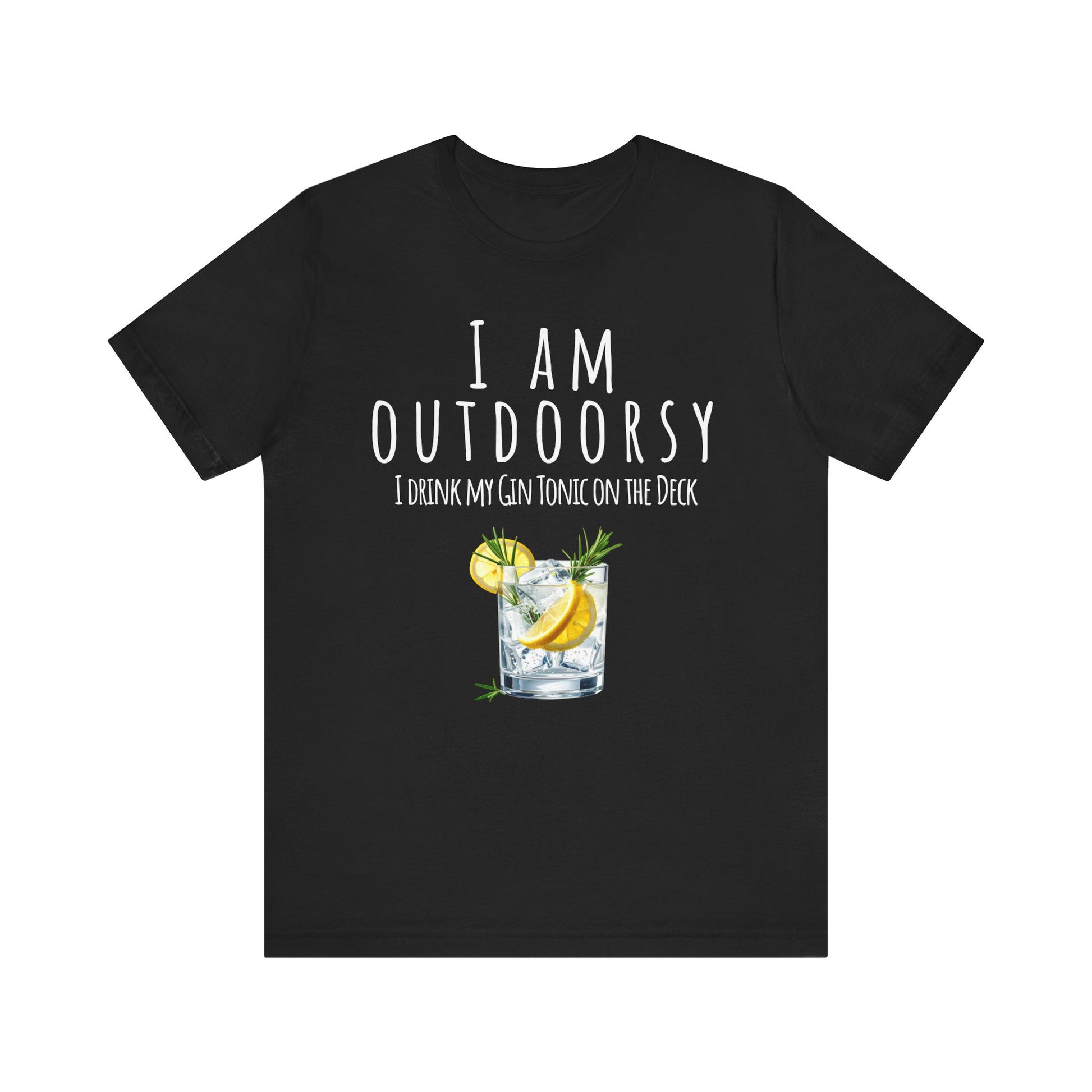 Black t-shirt with a graphic of a gin tonic and text on a white background
