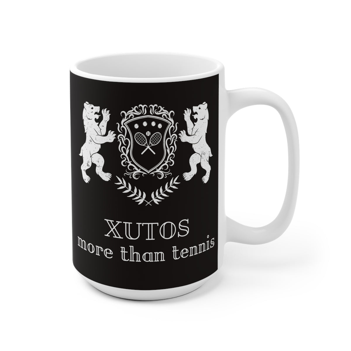 A white ceramic mug with a black printed wrap featuring a tennis-themed coat of arms with two lions and the text 'XUTOS more than tennis' in white.