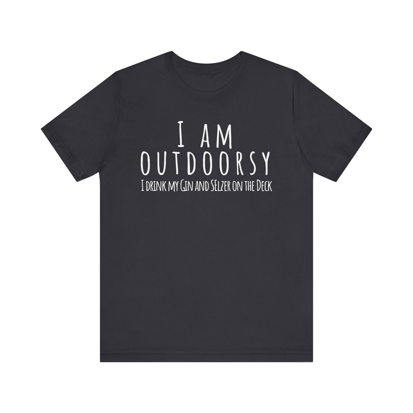 Black t-shirt with white text on a white background