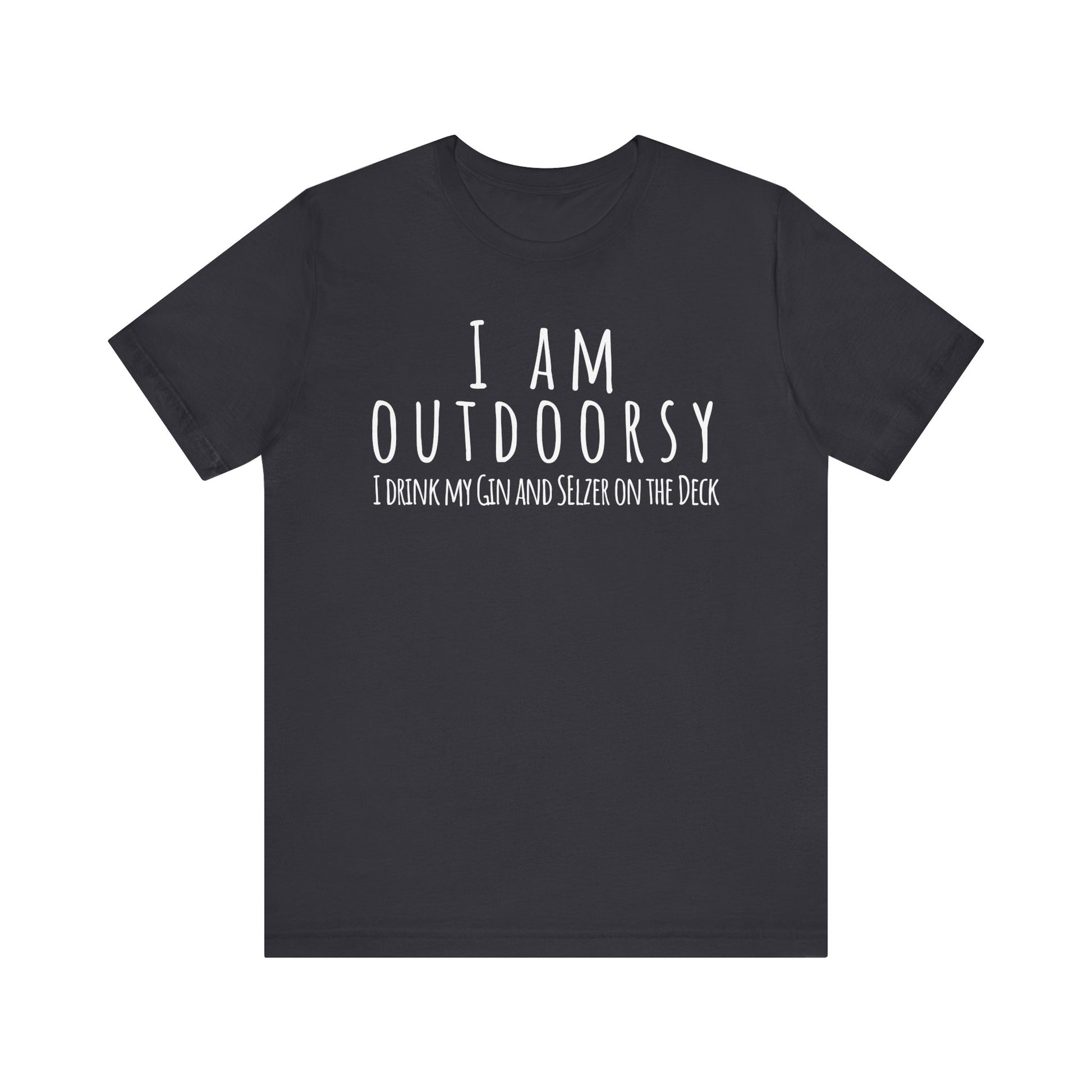 Black t-shirt with white text on a white background