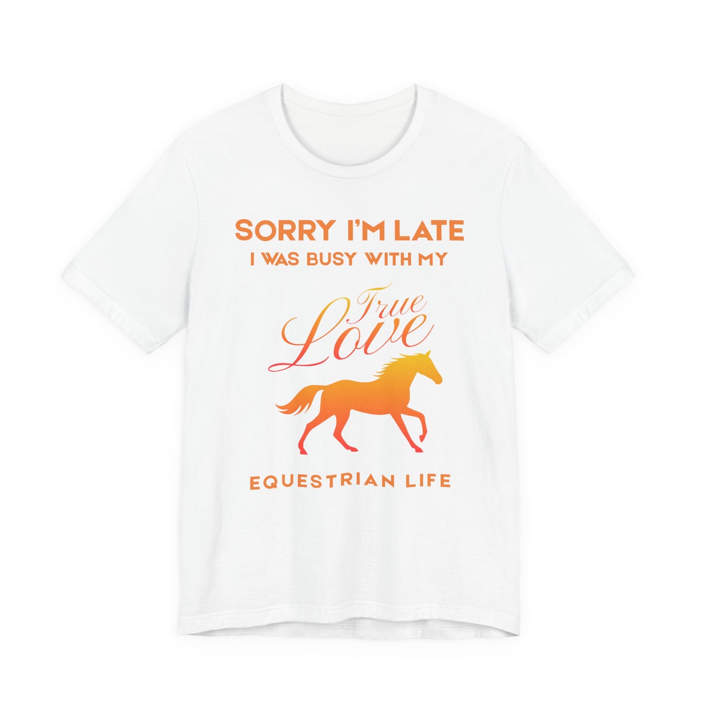 White t-shirt with orange text and horse graphic on a white background