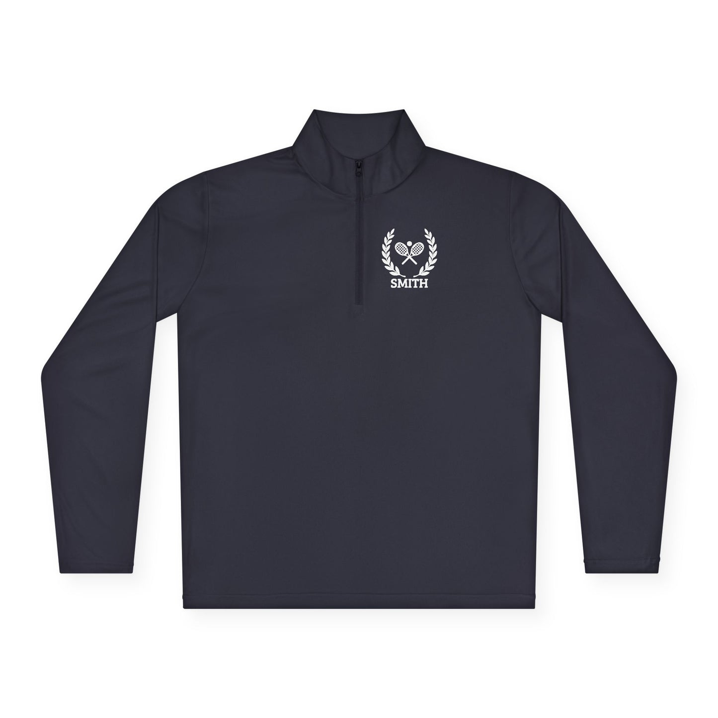 Personalized tennis racket sweater Navy long-sleeve shirt with a logo on a white background