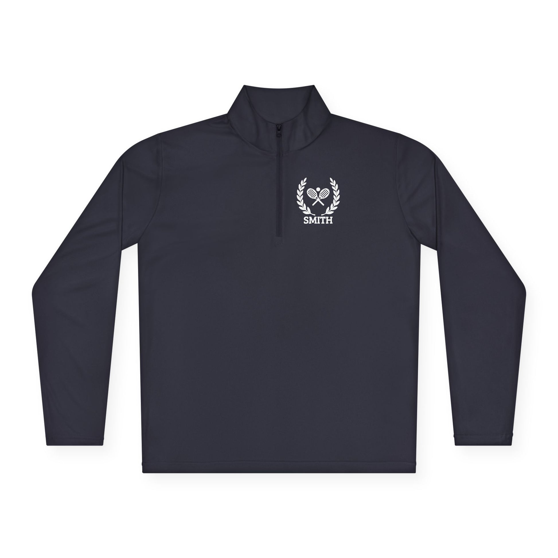 Personalized tennis racket sweater Navy long-sleeve shirt with a logo on a white background