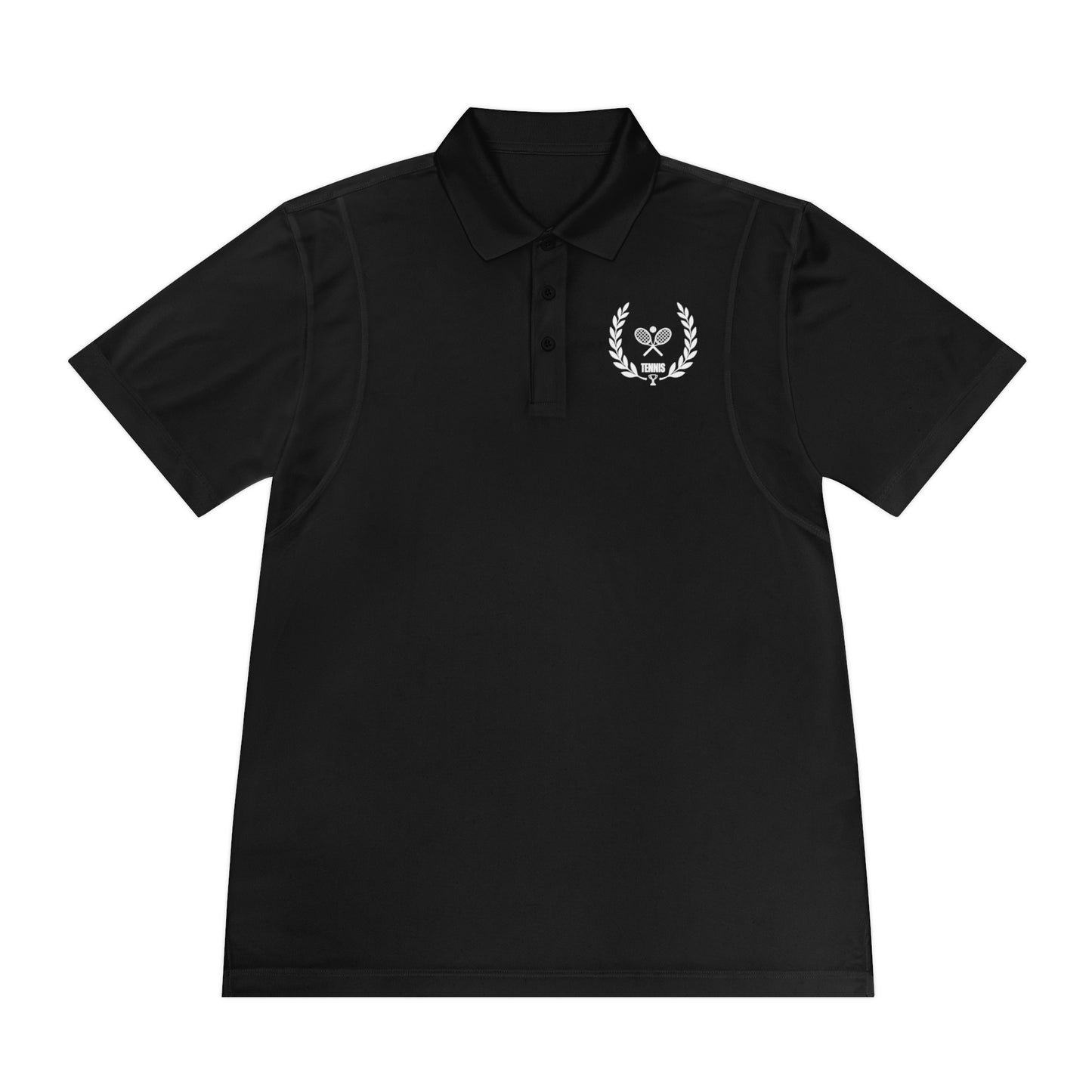 Black polo shirt with a logo on the chest against a white background