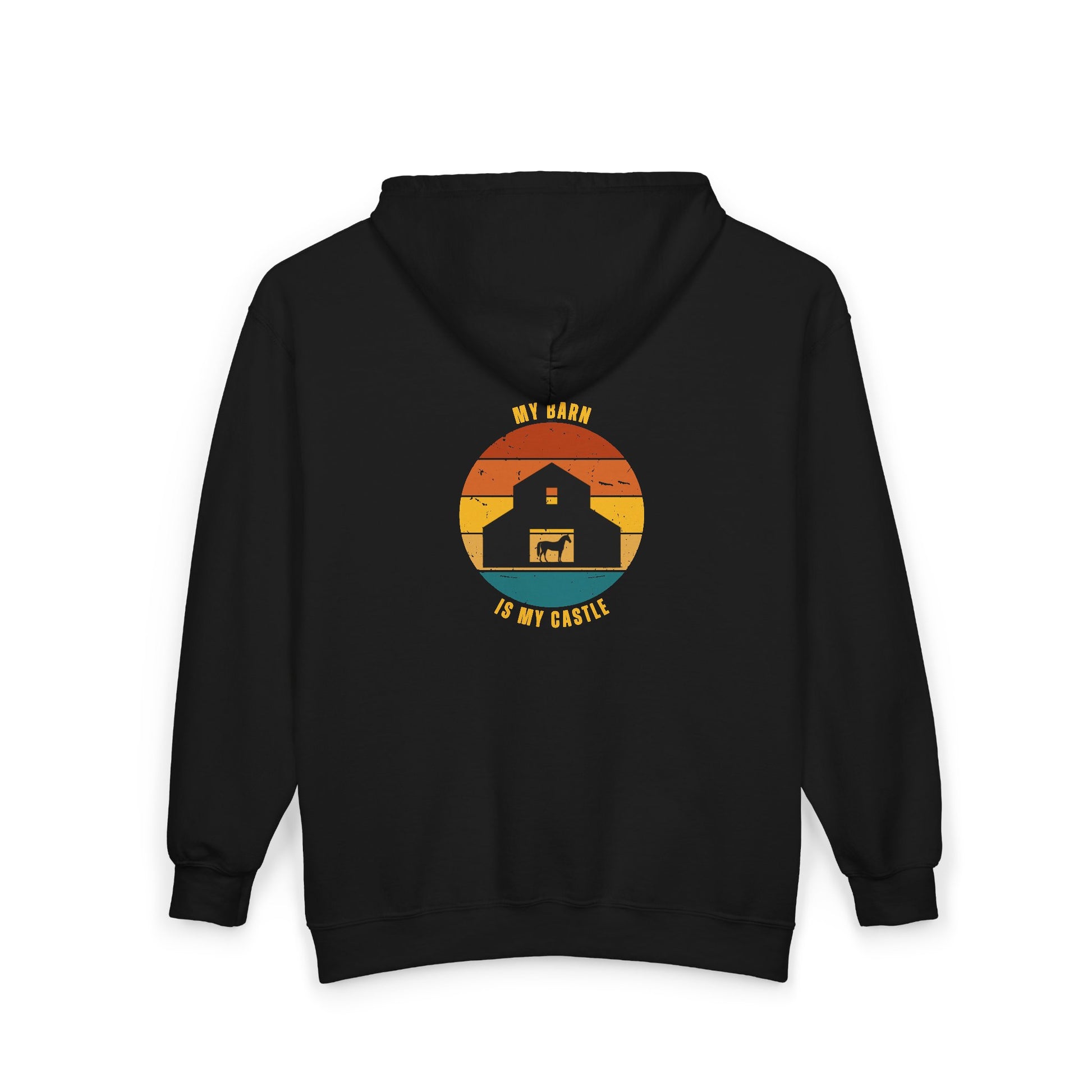 Black hoodie with a colorful graphic on the back against a white background