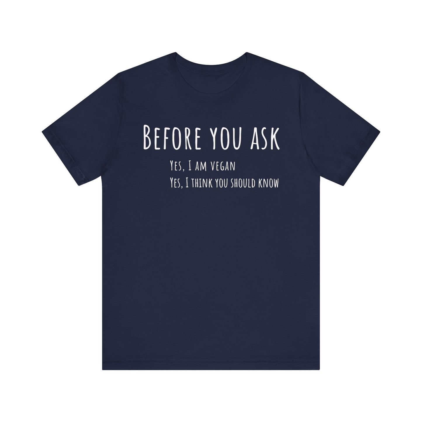 Navy blue t-shirt with white text on a white background