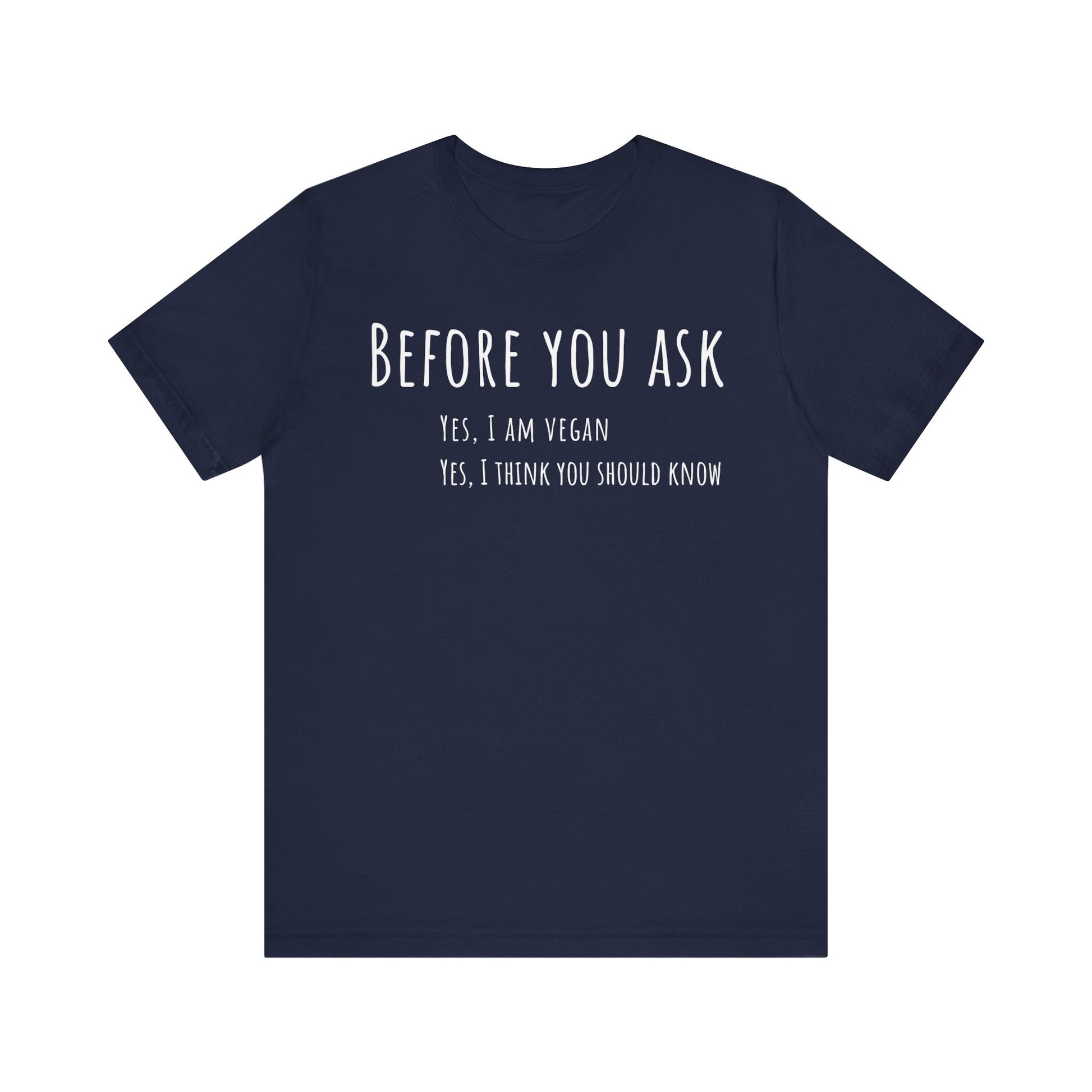 Navy blue t-shirt with white text on a white background