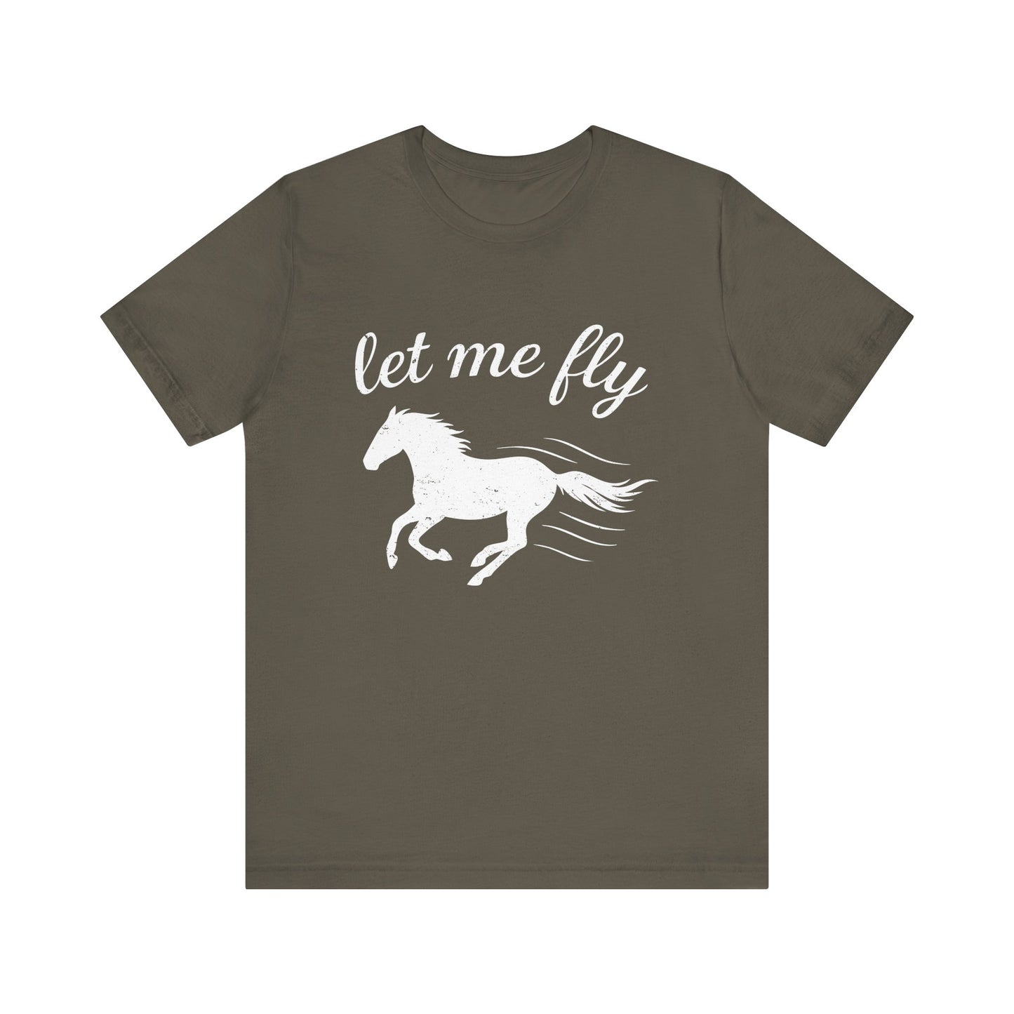 Brown t-shirt with white horse graphic and 'let me fly' text on a white background