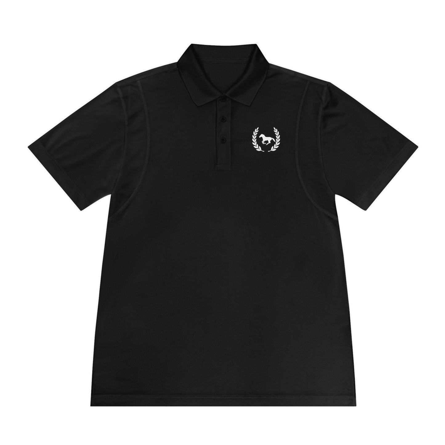 Black polo shirt with a logo on the chest against a white background
